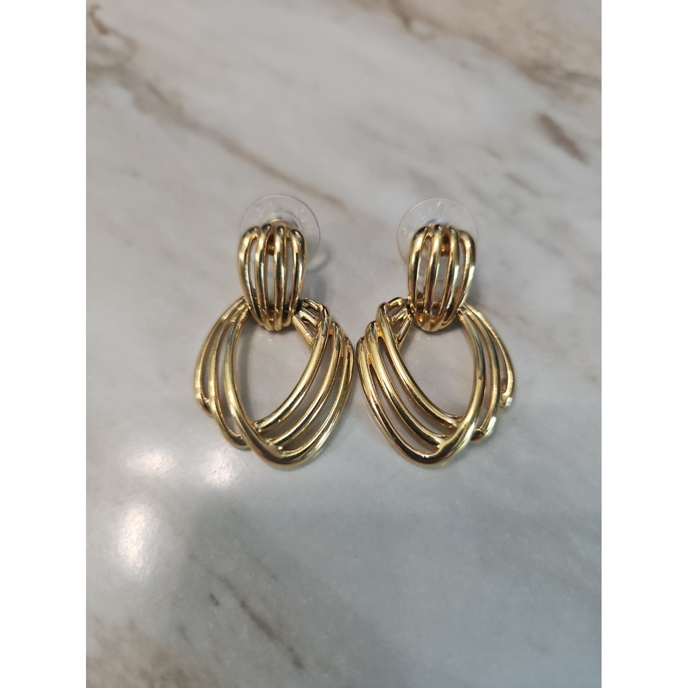 Monet Open Work Earrings Gold Tone Door Knocker Dangle Pierced